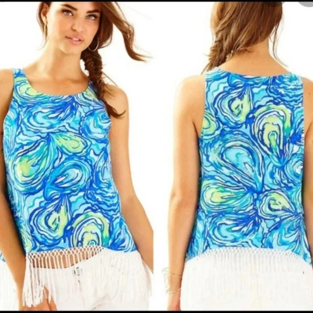 NWT Lilly Pulitzer Womens Size 4 Blue Oh Shucks Sonya Fringe Sleeveless Top  #26
